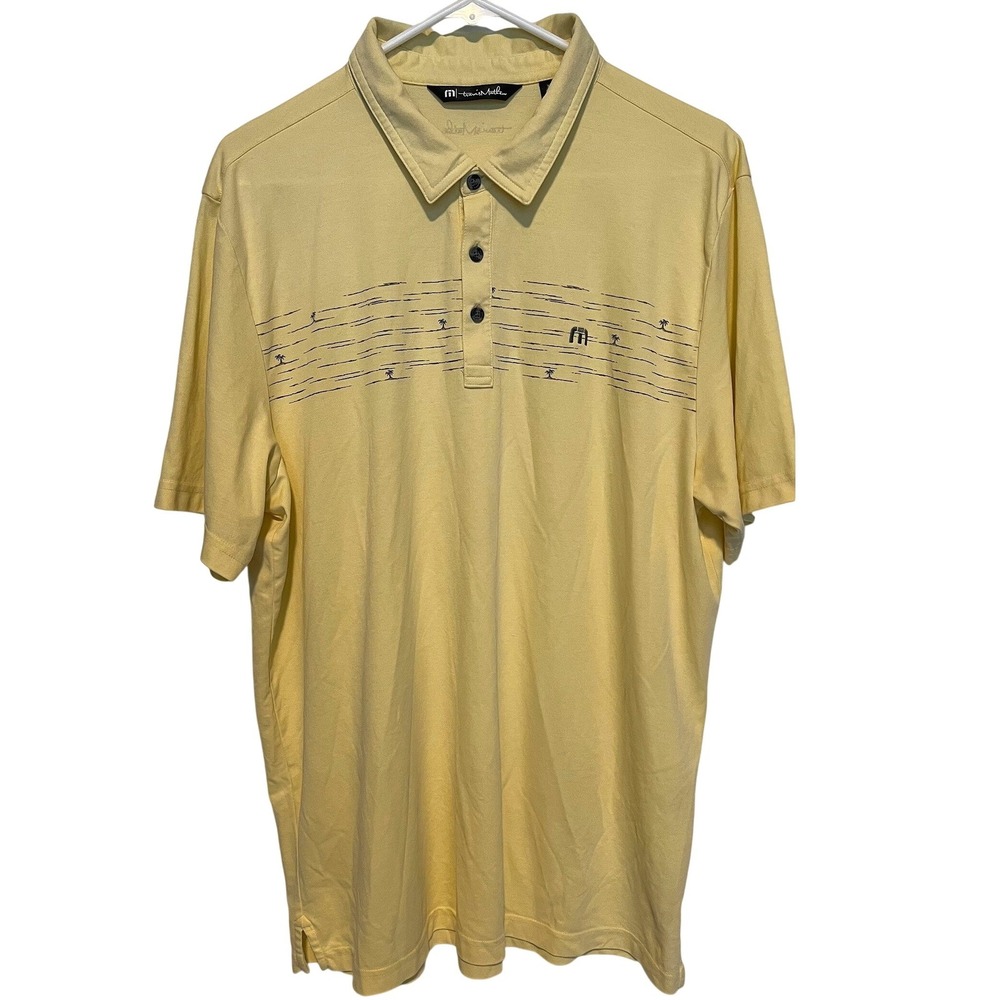 Travis Mathew Men's XXL Polo Shirt Yellow Palm Tree Stripes Pima Cotton Golf